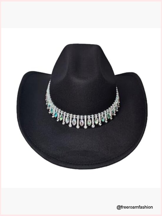 Rhinestone Cowboy Hat Wide Brim Rolled-Up Cowgirl Adjustable Fedora Party